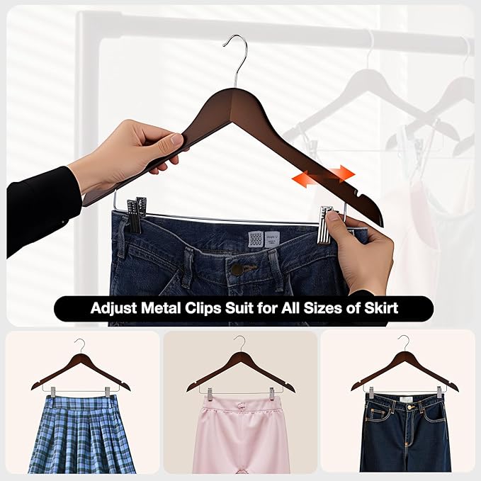 Wooden Hangers with Clips 24 PCS Pant Hangers with Clips,Smooth Solid Wooden Pants Hangers,360 Swivel Hooks & Adjustable Clips,for Jeans,Skirt,Suit,Shorts,Scarf.（Walnut）