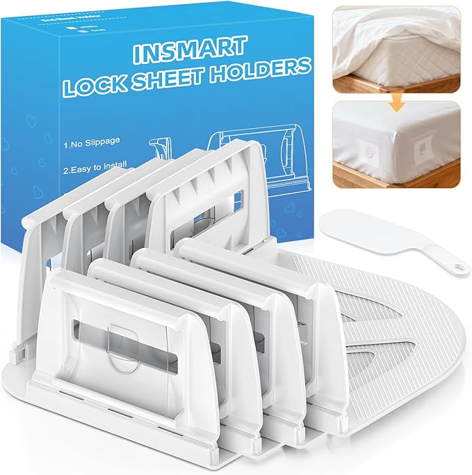 INSMART Sheet Holders - Bed Sheet Holder for Corners & Sides, Strong Elastic Sheet Straps & Grippers. Secures Fitted Sheet for Universal Fit Bed, Keep Sheets Tight All Night (Sheet Holders)