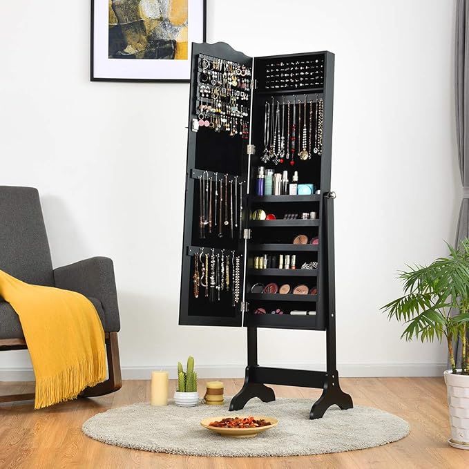 Giantex Jewelry Armoire with Full Length Mirror, Lockable Standing Jewelry Cabinet, Mirror with Jewelry Storage, Ring Earring Necklace Makeup Display, Jewelry Organizer Box for Women Girls, Black