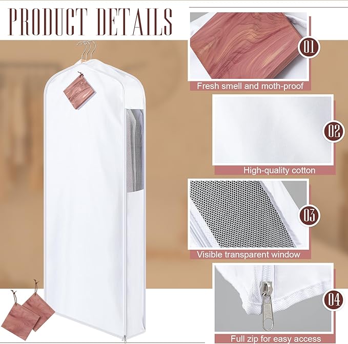 2 Sets 60'' x 24'' x 6'' Long Cotton Garment Bags for Hanging Clothes and Storage, 8 Cedar Blocks for Fresh Smell and Moth Protection, Breathable Covers for Closet Suits Fur Coats Sweaters