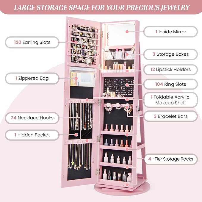 GOFLAME 360° Rotating Jewelry Cabinet with Full-Length Mirror, Freestanding Jewelry Armoire with 3-Color LED Light and Back Storage Shelf, Lockable Jewelry Organizer for Bedroom Cloakroom, Pink