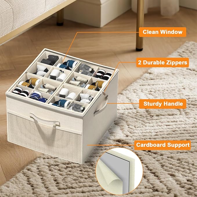 Leosoria Shoe Organizer for Closet, Foldable Shoe Storage Organizer Box Bin with Adjustable Dividers and Clear Cover, Fits up to 16 Pairs (Beige)