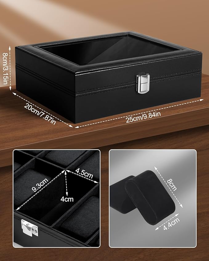 Uten Watch Box 10 Slots, Watch Box for Men, Watch Display Case, Watch Storage Box with Removable Cushion, Metal Clasp, PU Leather, Black