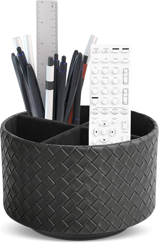 Hennaja Round Leather Art Supply Organizer,Remote Control Holder,360 Degree Spinning,Multi-Functional Pencil Holder,4 Compartments Desktop Stationary Organizer(1-Weave Black)