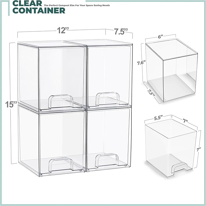 Sorbus Stackable Acrylic Storage Drawers, 4 Pack Clear Plastic Organizer Bins for Baby Bottles, Makeup, Bathroom, Vanity & Kitchen Countertop Organization, Pull-Out Drawer Design for Cabinets & Pantry