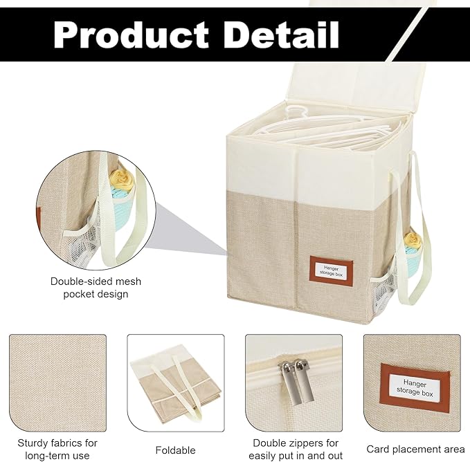 Clothes Hanger Organizer Bag with Lid,Rigid Hanger Storage Containers,Hanger Caddy Organizer Box with Handle and Label Window Keep Closet Laundry Rooms Tidy (Beige)