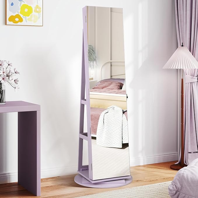 Mirror Jewelry Cabinet Standing with Full Length Mirror, 360° Swivel Jewelry Armoire with 3-Color LED Lights & Foldable Makeup Shelf, Lockable Organizer for Women, Space-Saving (Lavender)