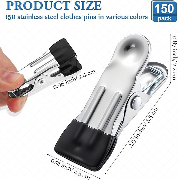 Honeydak 150 Pcs Stainless Steel Clothes Pins 2.17 Inch Heavy Duty Clips Bulk Bag Clips for Food Metal Clothespins for Laundry Clothes Line, Sock, Photo, Towel, Snack (Black)