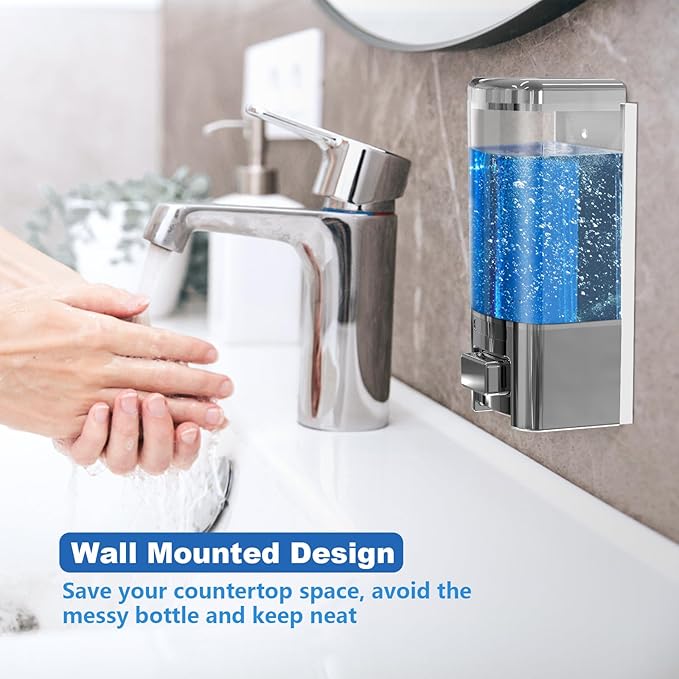 SVAVO Wall Mounted Soap Dispenser - Manual Kitchen Bathroom Hand Soap Dispenser with Anti-Leakage Nozzle Container for Liquid/Gel/Shampoo/Shower Gel/Lotion/Cleaner, 17fl.oz/500ml, Chrome&Clarity