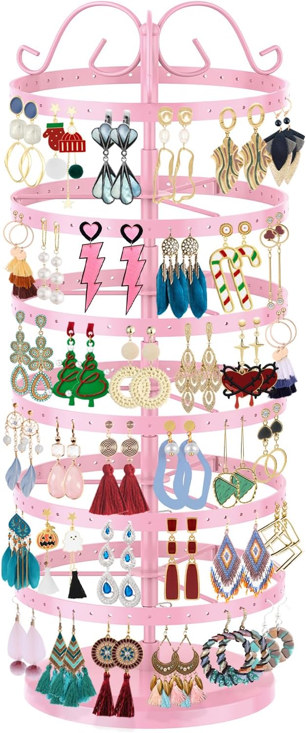 iDavosic.ly 6 Tier Metal Rotating Earring Holder Organizer, 264 Holes Large Stud Storage Display Stands Tree Rack, Adjustable Pierced Hoop Dangle Tower for Women, Pink