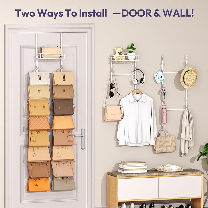SWTYMIKI Over the Door Purse Organizer - Wall Mounted Handbag Organizer with 16 Hooks and Metal Basket, Hanging Purse Storage Rack Holds up to 16 Bags, Bag Rack Can Use As 1/2 Part, for Door, Closet