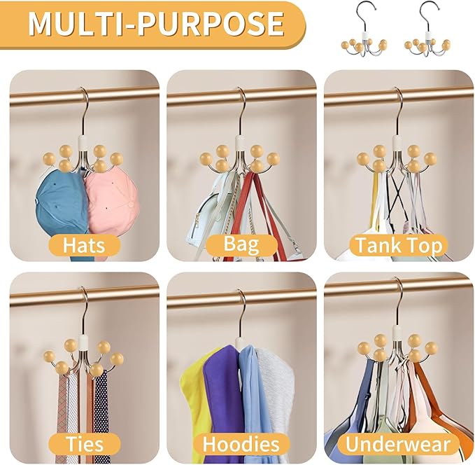 2 Pack Hoodie Hanger for Organizer 360° Swivel Closet Hooks for Belt, Space-Saving Hanger Bra Storage, Accessorise Organizer for Tie, Hat, Tanktop, Scarf, Purse