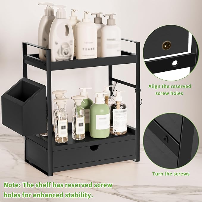 2-Tier Bathroom Counter Organizer with Drawer and Basket, Wood Countertop Organizer for Storage, Skincare Organizers for Vanity, Counter Shelf for Bathroom Organization, Black