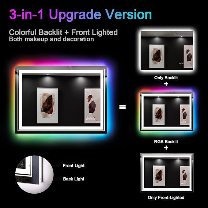 LED Mirror for Bathroom, 40"x24" Mirror with 8 RGB Backlit+3 Front Lit (Adjustable Individually), Defog, Shatterproof, Memory, Tempered Glass