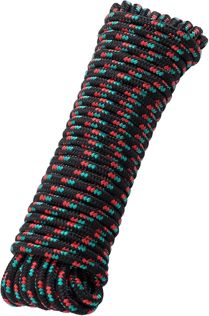 3/8 Inch 100ft Braided Polypropylene Rope, Outdoor Ropes, All Purpose Boat Marine Thick Tie for Camping and Flag Pole, Indoor and Outdoor Use, Black Multi