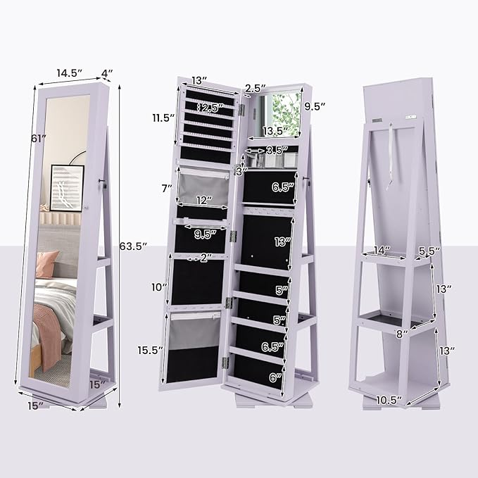 CHARMAID 360° Swivel Jewelry Armoire with Full Length Mirror, Standing Lockable Jewelry Cabinet Organizer, Large Storage Capacity, Inside Makeup Mirror, Back Storage Shelves (Lavender)