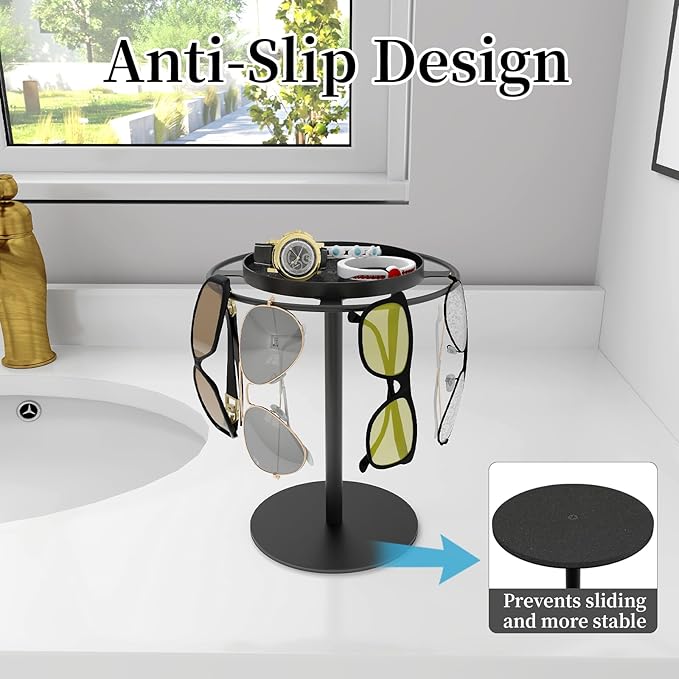 LSK Metal Sunglasses Organizer, Glasses Holder Stand with Storage Tray, Eyeglasses Holder with Anti-Slip Pads for Tabletop, Desk, Dresser, Matte Black