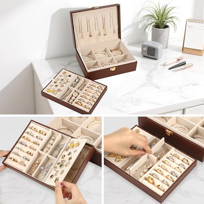 Voova Jewelry Box Organizer for Women Girls, 2 Layer Large Men Jewelry Storage Case, PU Leather Display Jewellery Holder with Removable Tray for Necklace Earrings Rings Bracelets, Caramel Brown