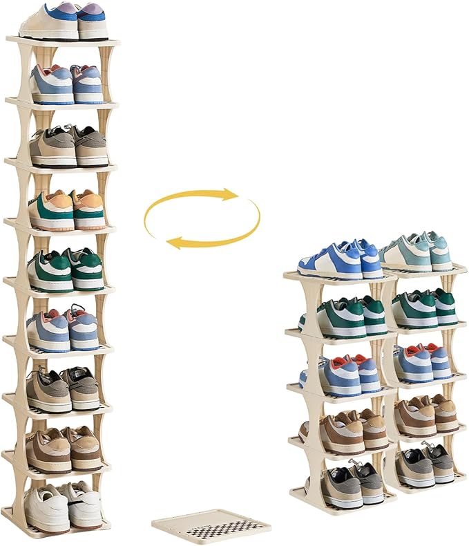 Vertical Shoe Rack 9 Tier Adjustable Shoe Organizer Small Shoe Shelf for Closet, Narrow Entryway, or Bedroom Easy to Assemble and Disassemble Holds Up to 10 Pairs of Shoes (White)