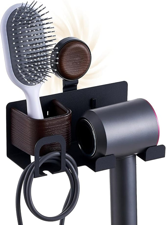 Hair Dryer Holder Wall Mount with Suction Cup, No-Drill Metal Blow Dryer Holder, Hair Accessories Tools Organizer Rack with 1 Toothbrush Hanger & Shelf, Walnut Finish for Bathroom