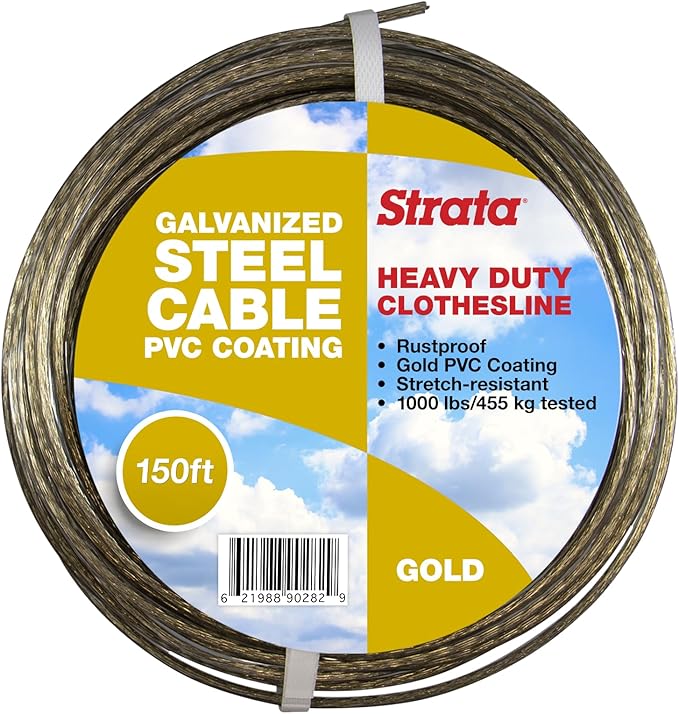 Strata 150 Feet Clothesline Outdoor Heavy Duty Galvanized Wire Steel Cable, Gold PVC Coating - Clothes Line Wires for Outside Laundry Drying