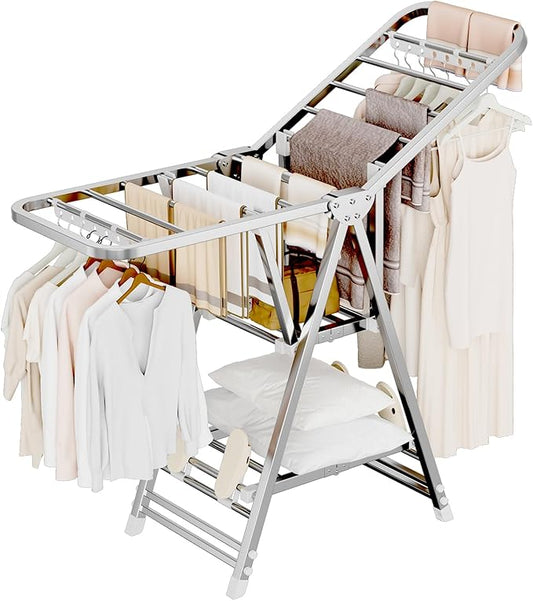 MIKEE Clothes Drying Rack,Stainless Steel Foldable Laundry Drying Rack with Height Adjustable Wings,Clothes Rack with Shoe Rack,Windproof Hanging Holes and Wheels，132 lb,Indoor Outdoor Use