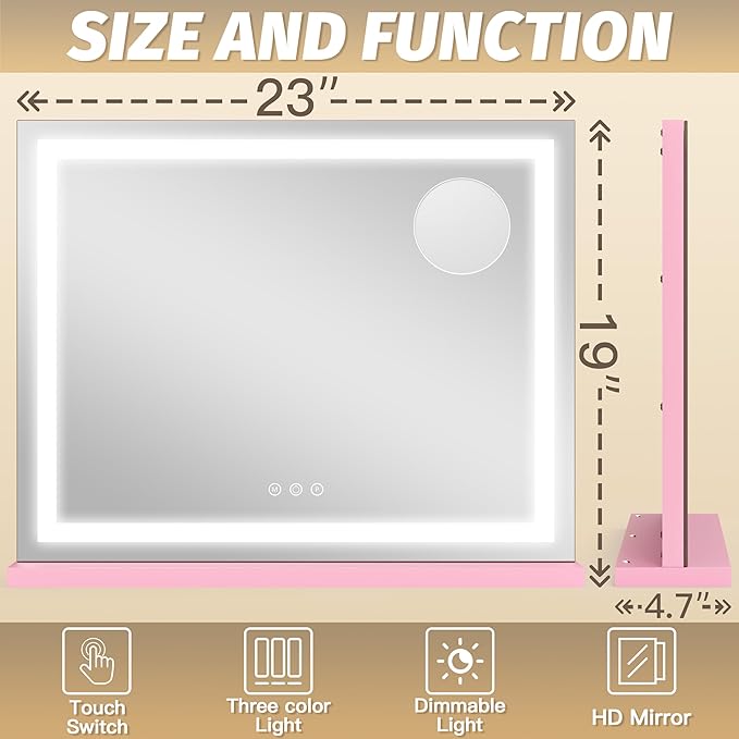 FENNIO Vanity Mirror with Lights 23"x18", Lighted Makeup Mirror, Large Vanity Mirror, Touch Sensor with 3-Color Lighting, 10X Magnification and USB Charging Port for Vanity Desk（Square Pink）