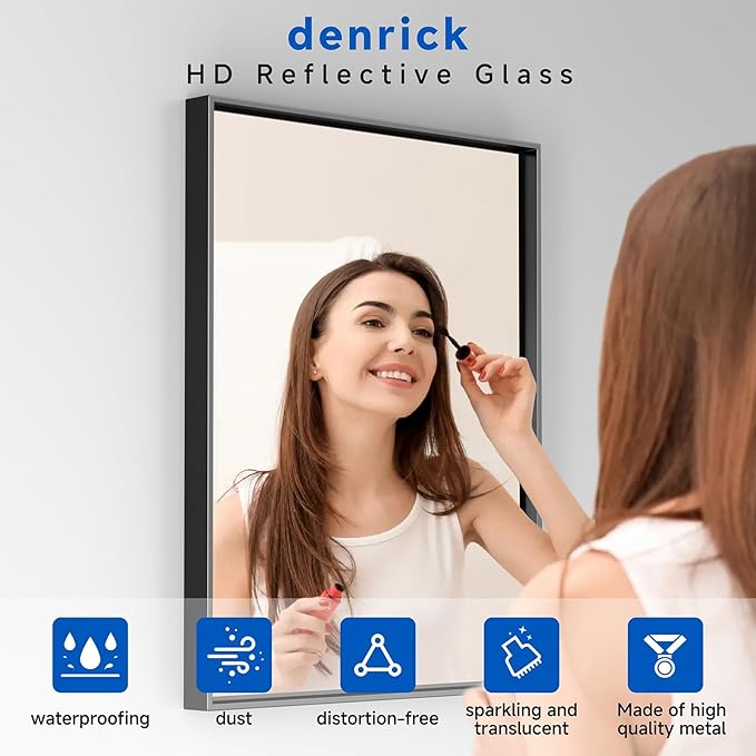 DENRICK 30X36 Inch Black Metal Framed Bathroom Mirror for Wall, Brushed Black Bathroom Vanity Mirrors, Anti-Rust, Tempered Glass, Hangs Horizontally or Vertically