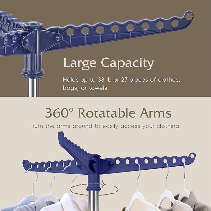 Beaudaily Clothes Drying Rack, Foldable Laundry Drying Rack, Indoor 59-Inch Drying Rack Clothing with 3 Rotatable Arms, Stainless Steel, Holds 27 Pieces, Space Saving, Portable, Blue and Silver