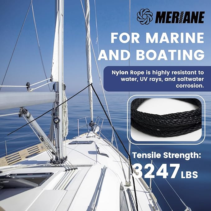 MERIANE Black Nylon Rope 1/2inch 100FT – Multipurpose Solid Braided Rope – Ideal Use for Camping, Clothesline, Marine, Flag Line – Abrasion & UV Resistant – Shock Absorption Rope for Indoor Outdoor