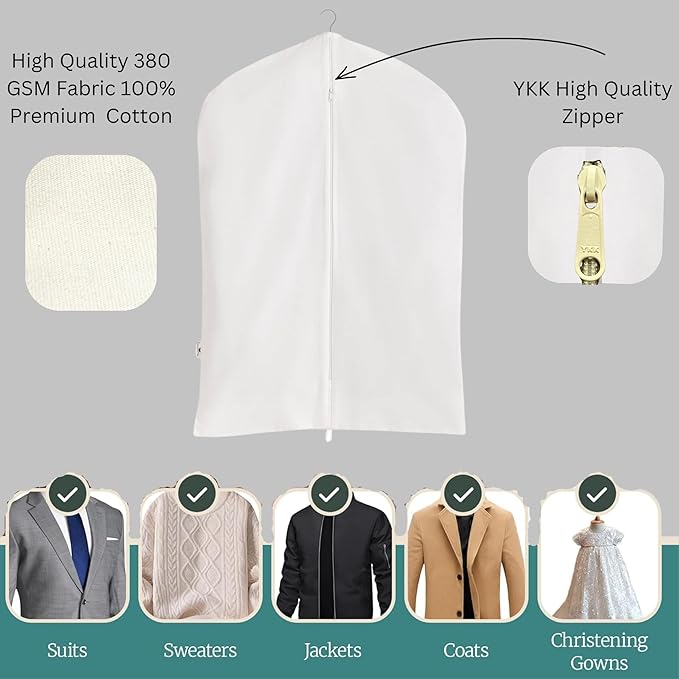 Garment Bag for Hanging Clothes – Organic Cotton Suit & Coat Cover with Zipper | Breathable Closet Organizer for Travel & Storage (24"x48"), Off-White)