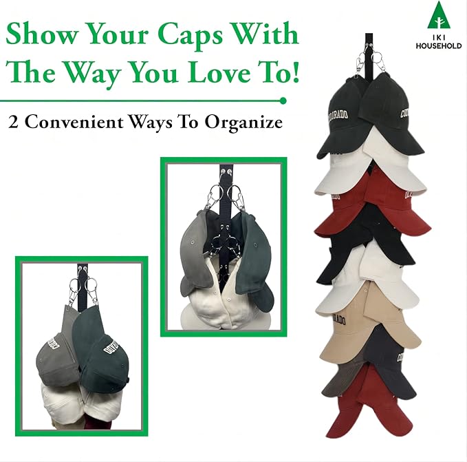 IKI Hat Organizer for Baseball Caps - Holder Closet 2Pack Each 16 Premium Clips, Good Hangers Rod, Display Wall Mount, Easy Storage Racks and Hats, Black