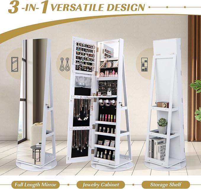 GOFLAME 360° Rotating Jewelry Cabinet with Full-Length Mirror, Freestanding Jewelry Armoire with 3-Color LED Light and Back Storage Shelf, Lockable Jewelry Organizer for Bedroom Cloakroom, White