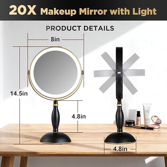 Lighted Makeup Mirror, 20x Magnifying Rechargeable Double Side Vanity Mirror, 3 Color Lights with Brightness Adjustable, Matte Black with Gold Trim, Modern Style Side Touch + Side Charge, Women Gift
