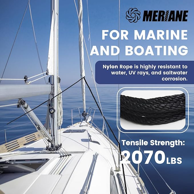 MERIANE Black Nylon Rope 1/4inch 500FT – Multipurpose Tightly Braided Rope – Abrasion & UV Resistant – Ideal Use for Camping, Clothesline, Marine, Flag Line - Solid Utility Rope for Indoor Outdoor