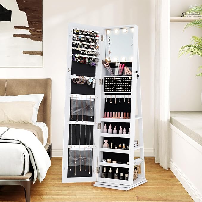 CHARMAID Swivel Jewelry Armoire with Full-Length Mirror & Lighted Makeup Mirror, 360° Rotating Jewelry Cabinet Organizer for Earrings, Rings, Necklaces, Bracelets, Back Storage Shelves (White)