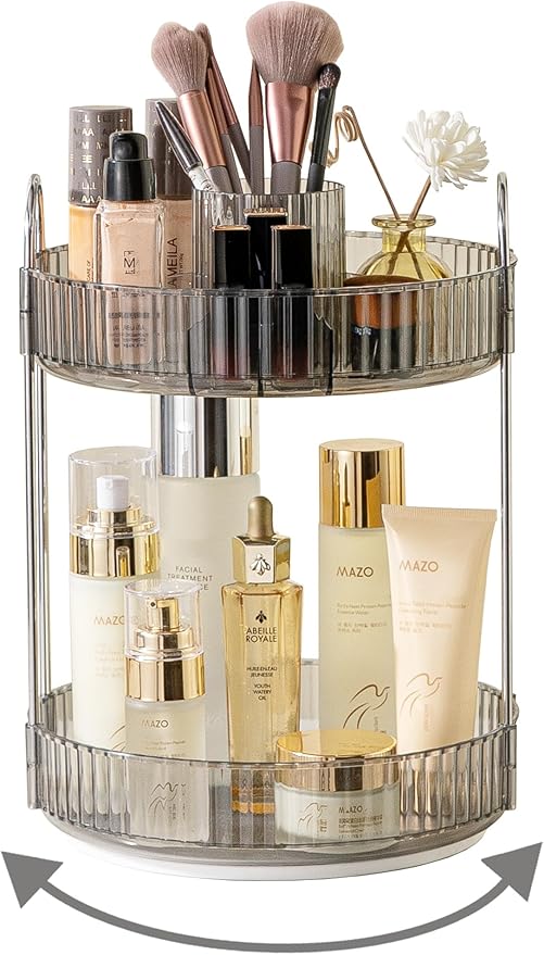 360 Rotating Makeup Organizer,2 Tier Large Capacity Make Up Organizers and Storage,Skincare Perfume Vanity Organizers,Bathroom Cosmetics Storage Organizer Countertop(Grey)
