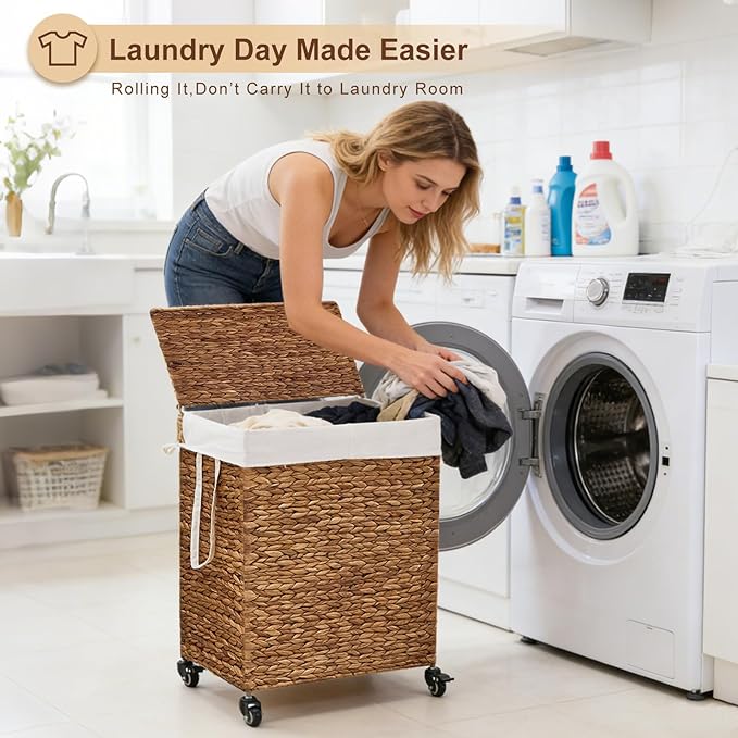 2-Section Laundry Hamper with Lid, Large Capacity Woven Natural Water Hyacinth Laundry Sorter with Removable Liners, Rolling or Non-Slip Design for Bedroom (Espresso, 2-Section)