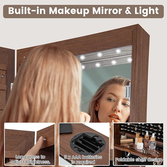 GOFLAME 360 Rotating Jewelry Cabinet with Full Length Mirror, Standing LED Jewelry Armoire, Lockable Organizer with Hair Dryer Rack, Back Storage Shelves, Inner Makeup Mirror, Walnut