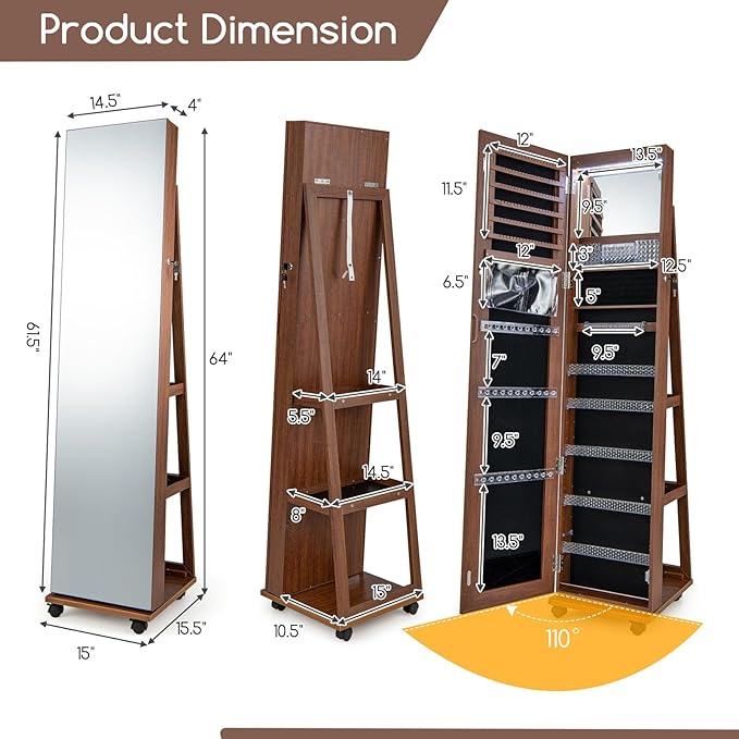 GOFLAME Jewelry Cabinet with Full Length Mirror, Lockable Jewelry Storage Organizer with Wheels, 3-Color LED Lights, Inner Mirror, Freestanding Jewelry Armoire with Rear Storage Shelves, Walnut