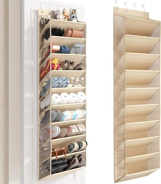 10 Tier Clear Over the Door Shoe Organizer with Deep Pockets, Door Shoes Rack with Hard Tube to Keep the Shape, Hanging Shoe Rack for Closet Organizers & Storage, Behind Door Shoe Holder Beige