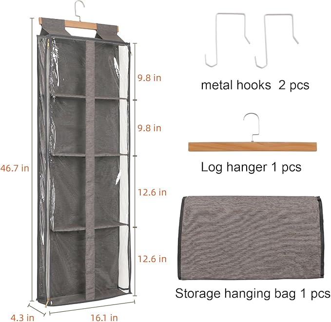 Clear Hanging Handbag Storage Organizer with Zippers, Door Purse Organizer Space Saving 4 Pockets for Closet Bedroom Living Room (Brown)