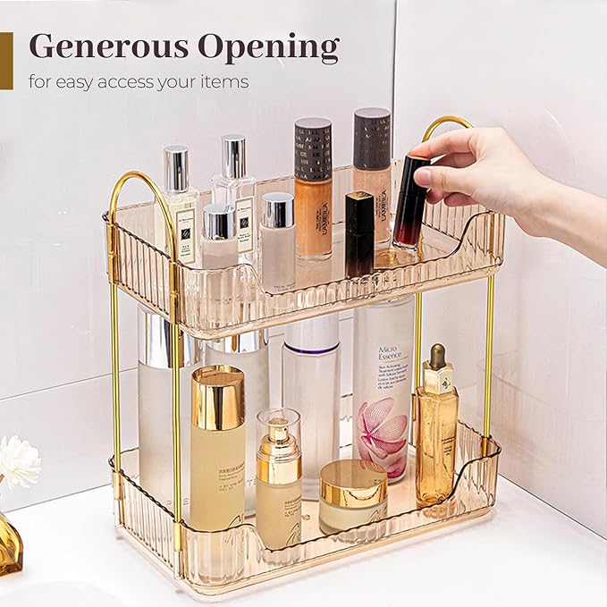 Aveniee Bathroom Counter Organizer, 2 Tier Perfume Skin Care Countertop Storage Shelf, Vanity Makeup Tray for Cosmetic Skincare Lotion, Gold