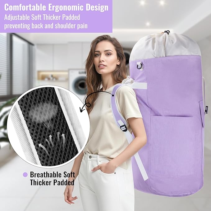 Laundry Bag Backpack, 125L Extra Large Laundry Backpack with Shoulder Straps, Adjustable Extendable Laundry Hamper Bag with 3 Pockets for College, Travel, Camping (Purple)