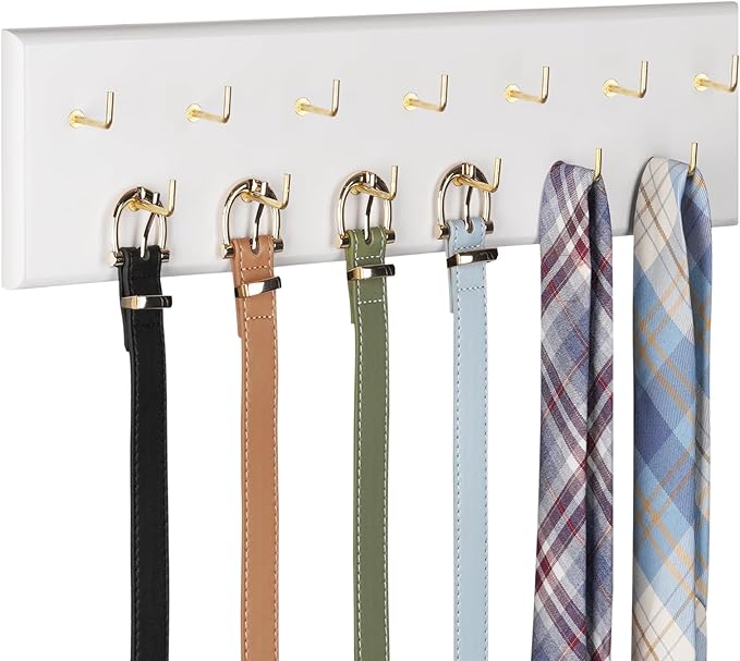Belt Hanger Wall Mount Belt Organizer for Closet, Holds Over 28 Belts Wooden Wall Mounted Belt Rack Storage Tie and Scarf Hanger for Closet, Wall, Door (White)