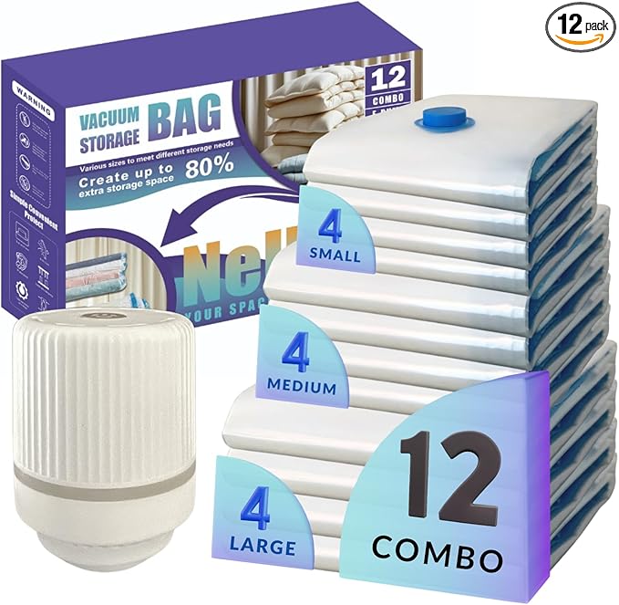 12 Pack Vacuum Storage Bags with Electric Pump, Compression Space Saver for Comforters, Bedding, Blanket Storage, Vacuum Seal Bags for Clothing, Luggage and Closet Organizer,