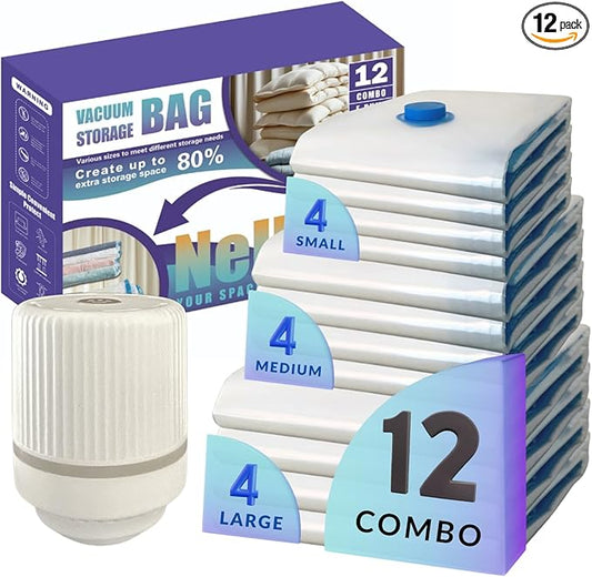 12 Pack Vacuum Storage Bags with Electric Pump, Compression Space Saver for Comforters, Bedding, Blanket Storage, Vacuum Seal Bags for Clothing, Luggage and Closet Organizer,