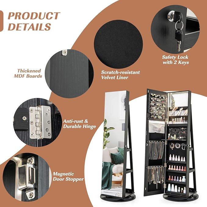 GOFLAME 360° Rotating Jewelry Cabinet with Full-Length Mirror, Standing Jewelry Armoire with 3-Color LED Light and Back Storage Shelf, Lockable Jewelry Organizer for Bedroom Cloakroom, Black