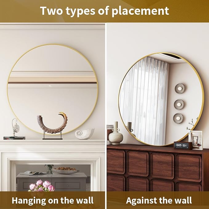 Gold Round Mirror, 48 Inch Circle Bathroom Mirror with Metal Frame, Wall-Mounted for Entryway, Bathroom, Vanity, Living Room
