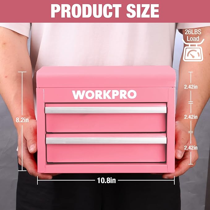 WORKPRO Metal Mini Tool Box, Top Tool Chest containing Two Drawers with Ball Bearing Slides, PVC Drawer Liners and PP Feet Pads, Cold Rolled Steel Small Toolbox for Multi-Purpose Storage - Pink Ribbon